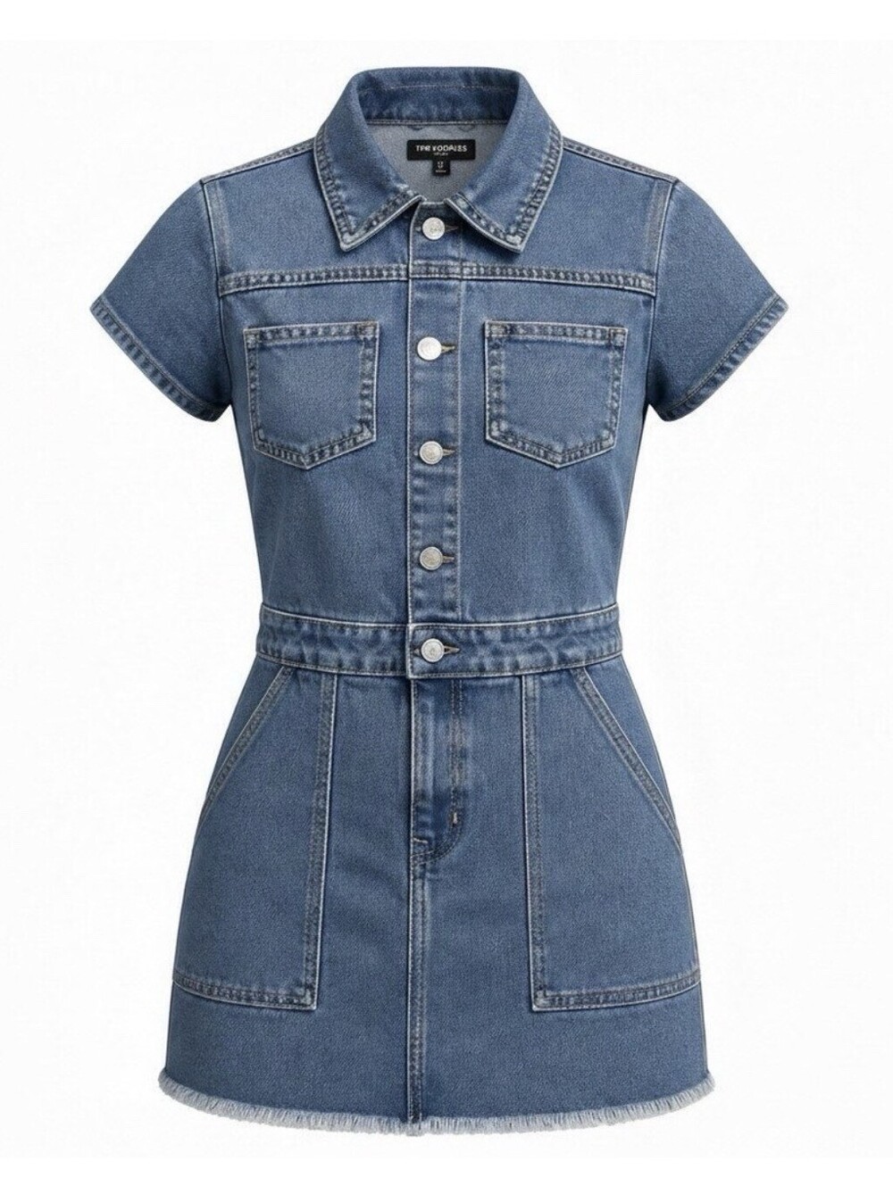 NEW True Religion Denim Mini Shirt Dress Short Sleeve Button Front Pockets LG
